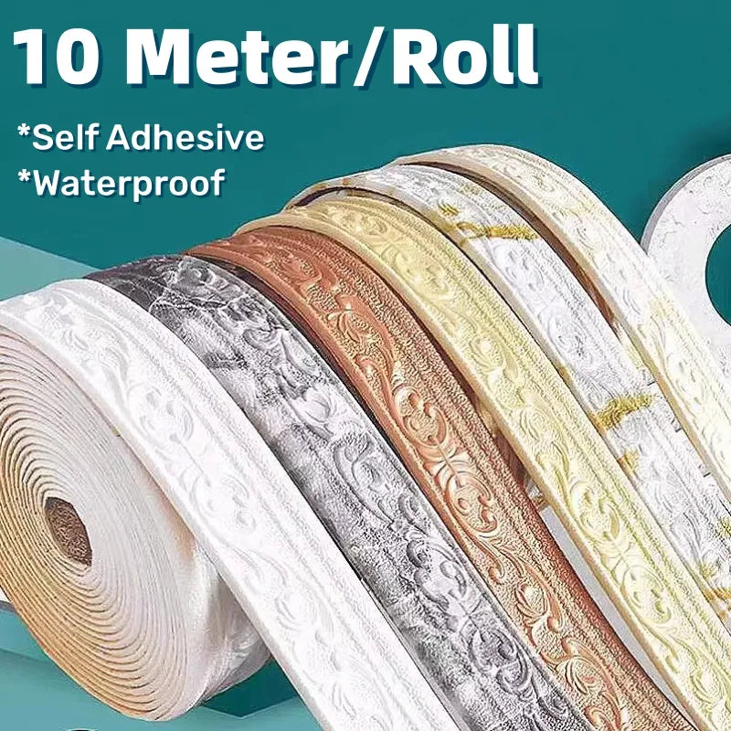10m/Roll 3D Self-Adhesive Waterproof Vinyl Wall Trim For Skirting ,Border Or Baseboards  DIY R