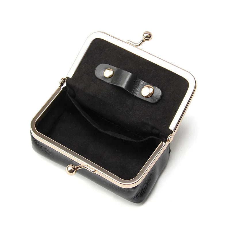 Compact Genuine Leather Kiss-Lock Mini Accessorie Pouch