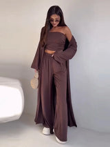 Women's 3 Piece Off Shoulder Sleeveless Cropped Tank Top With Elastic Wide Leg Pant And Long Cardigan