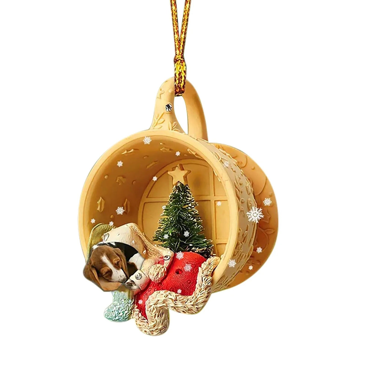 Hanging Christmas Tree Decorations Of Cute Dog sleeping in Cup.