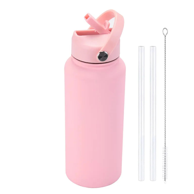 1L  Stainless Steel, Wide Mouthed, Thermos Water Bottle With Straw