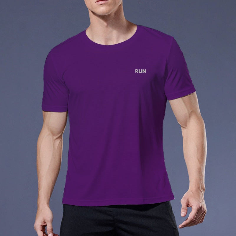 Men's multicolor short sleeve gym shirts. Quick drying, breathable sportswear