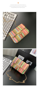 Women's Straw Rainbow Stripe Shoulder Crossbody Handbag With Chain Strap