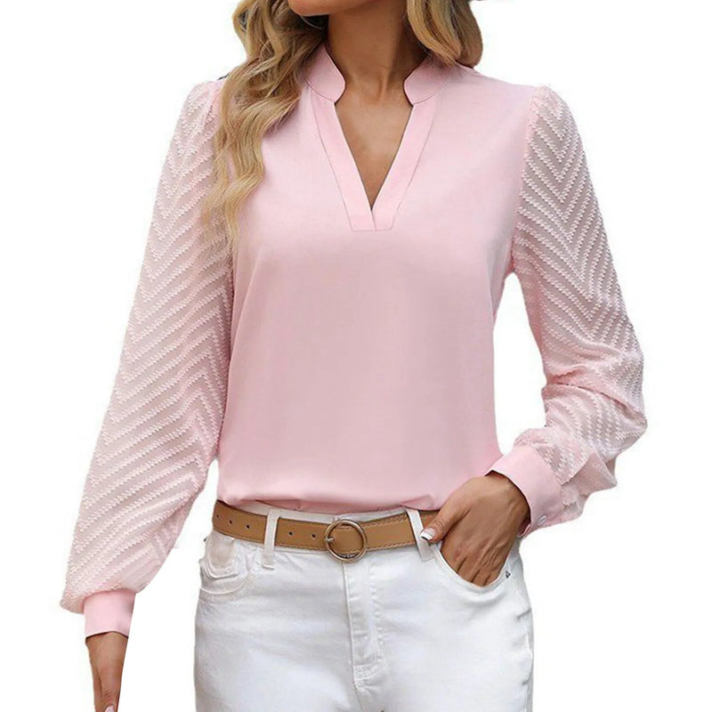 Women's V-Neck, Long Mesh Sleeve Blouses.