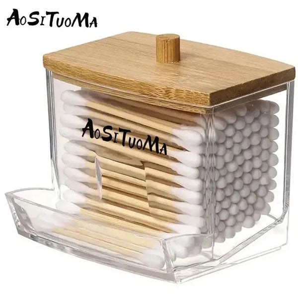 1pc7 Oz Cotton Swab Holder With Wooden Lid