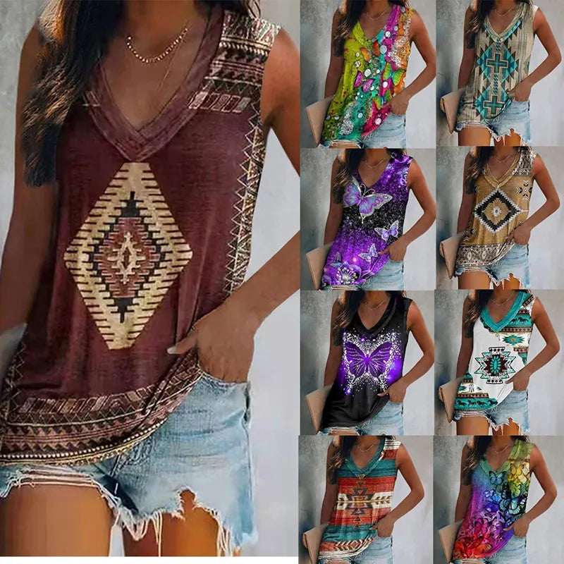 Women's Sleeveless Multi-pattern T-shirt.