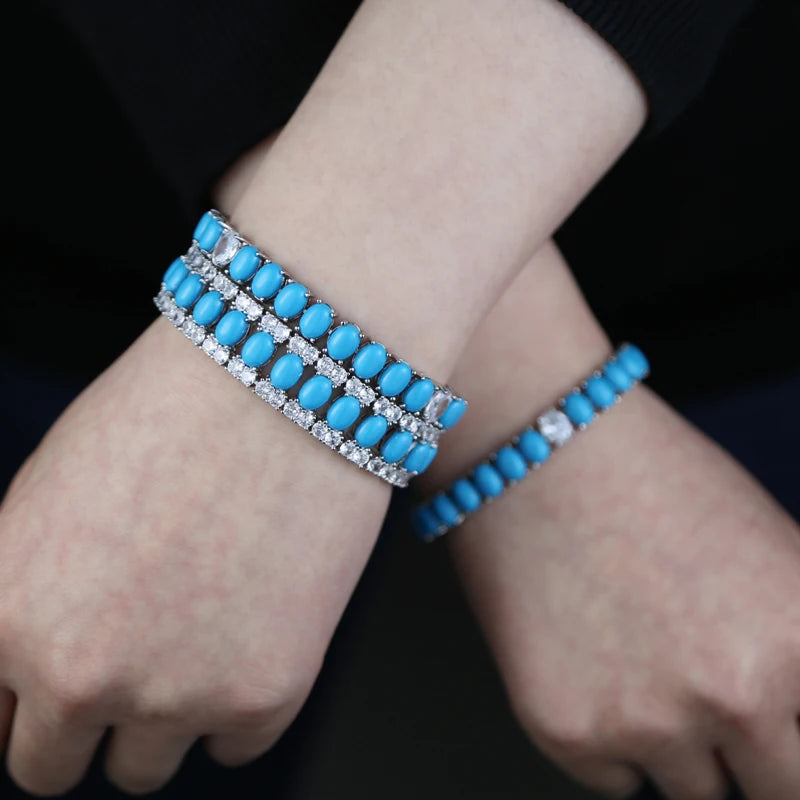 17-19CM Platinum Plated Turquoise Blue With White CZ Stone Tennis Bracelet