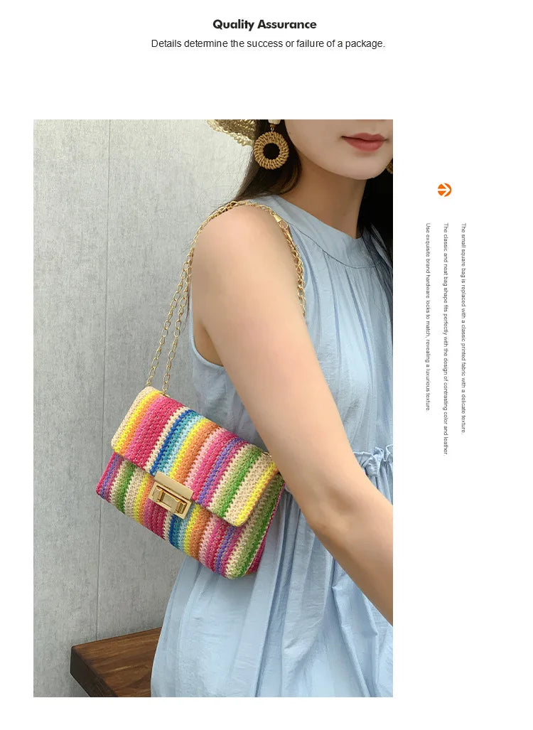Women's Straw Rainbow Stripe Shoulder Crossbody Handbag With Chain Strap