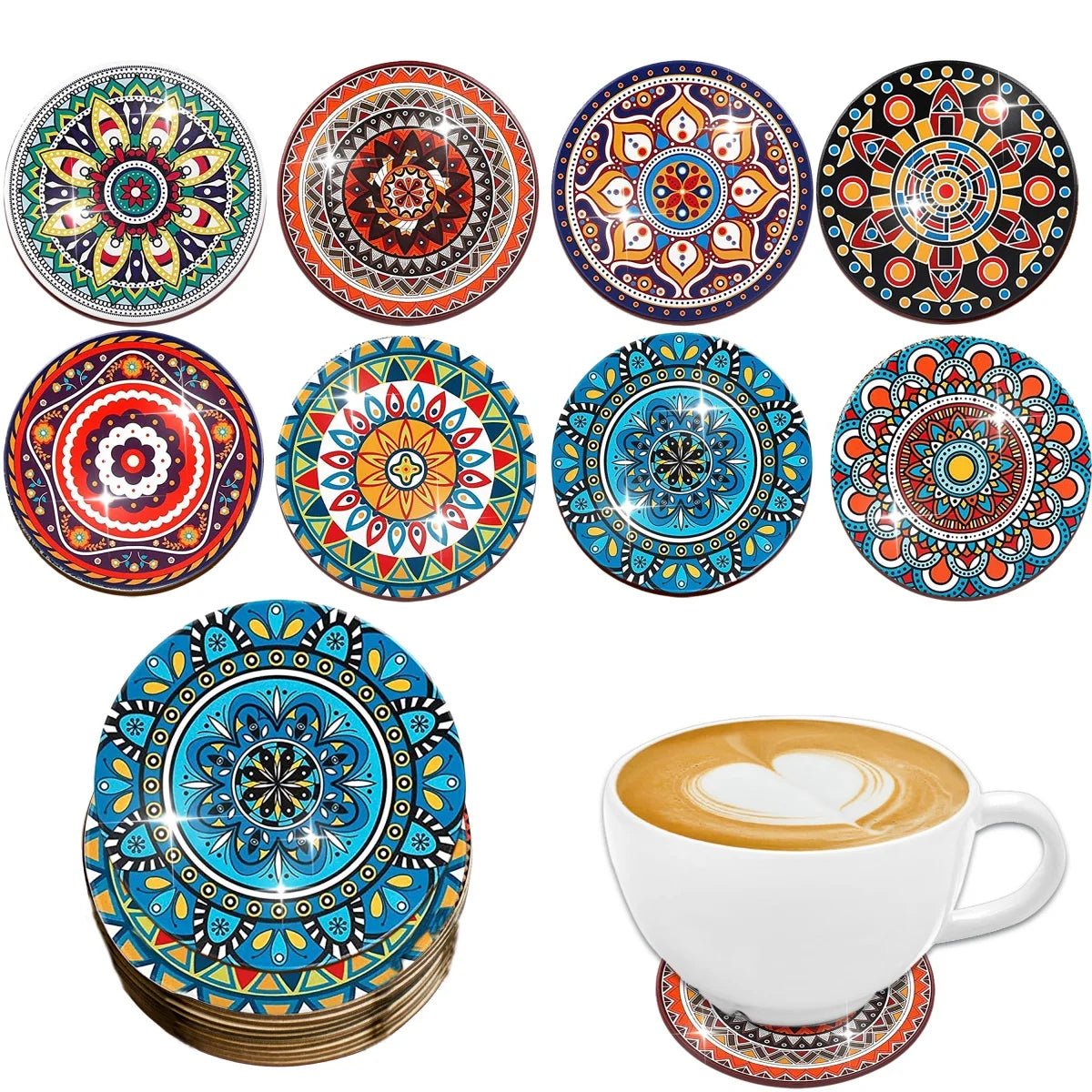 8 Pieces/Set Mandala Patterned Wooden Anti-Slip Coasters