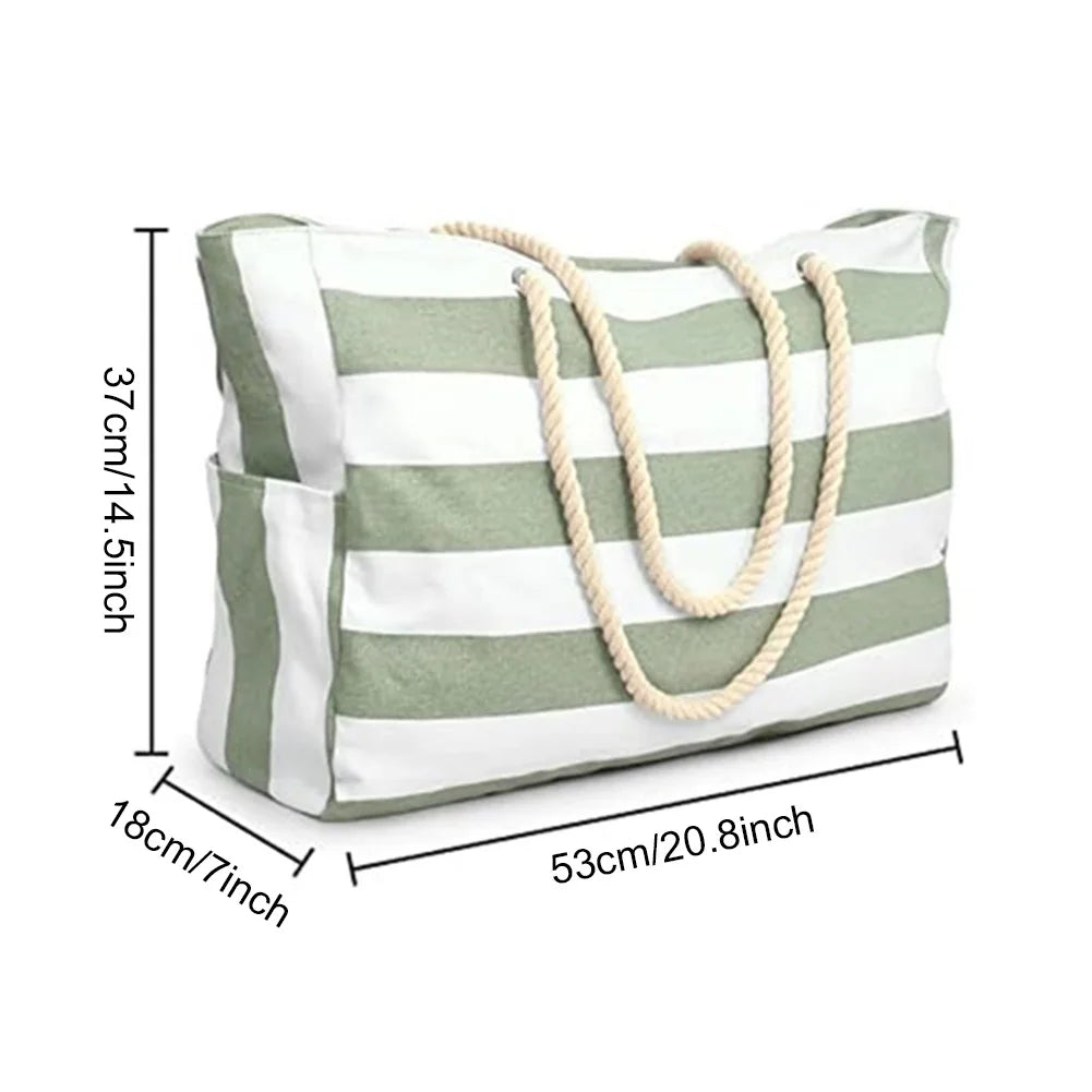 Striped Waterproof Canvas Summer Beach Tote Bag With Zipper