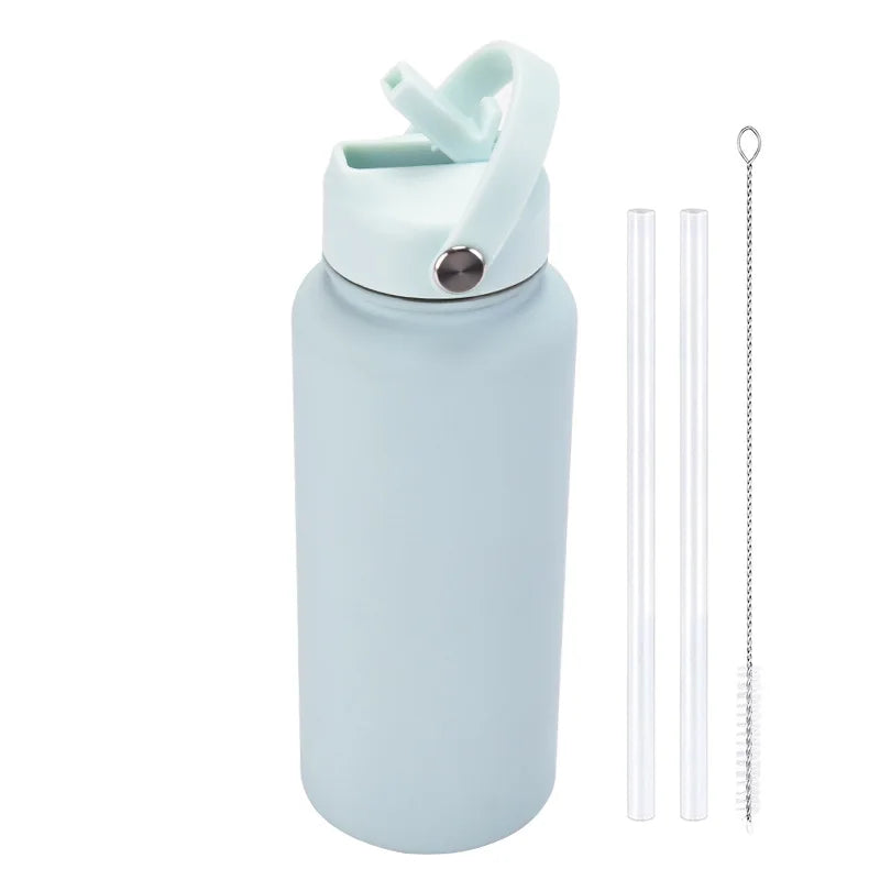 1L  Stainless Steel, Wide Mouthed, Thermos Water Bottle With Straw