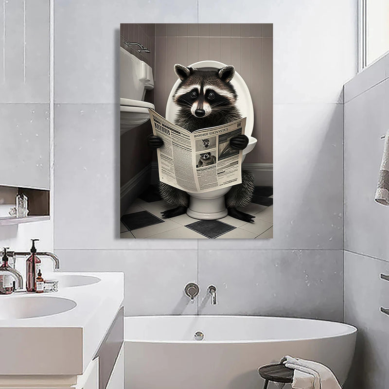 Bathroom Canvas Painting Prints Of Animals Sitting on Toilet Reading The Newspaper