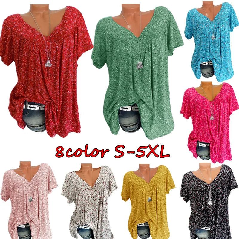 Women's V-Neck Printed Short Sleeve Tops