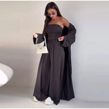 Women's 3 Piece Off Shoulder Sleeveless Cropped Tank Top With Elastic Wide Leg Pant And Long Cardigan