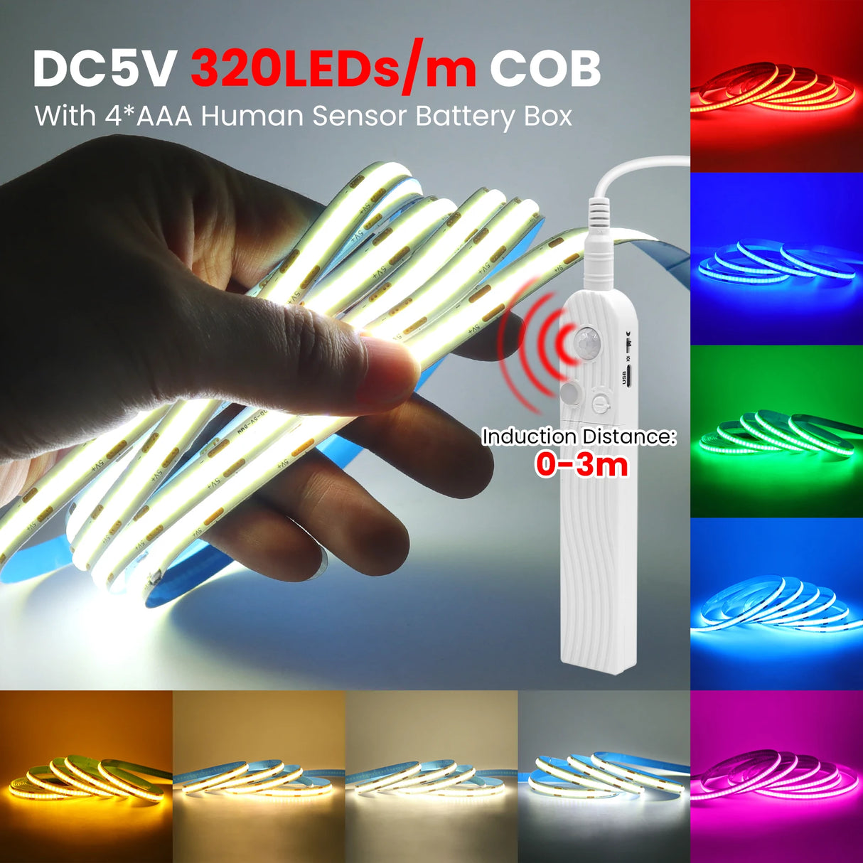 Battery Powered8MM COB Multi Color Led Strip 5V with Motion Sensor 320LEDs/M Led Induction
