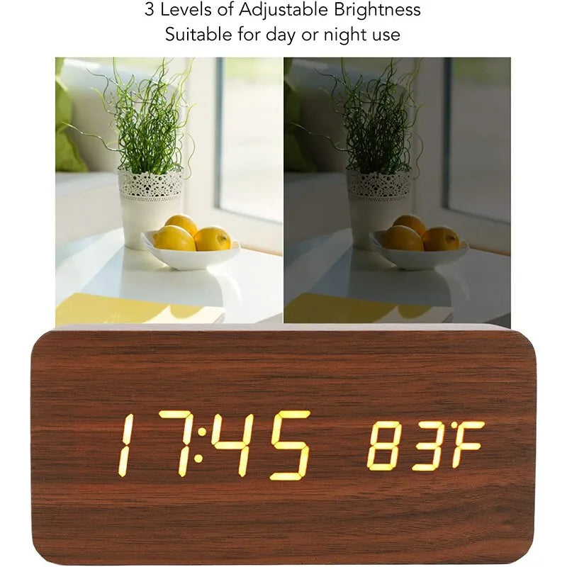 Wooden Digital Multi-Function LED Alarm Clock With Temp.