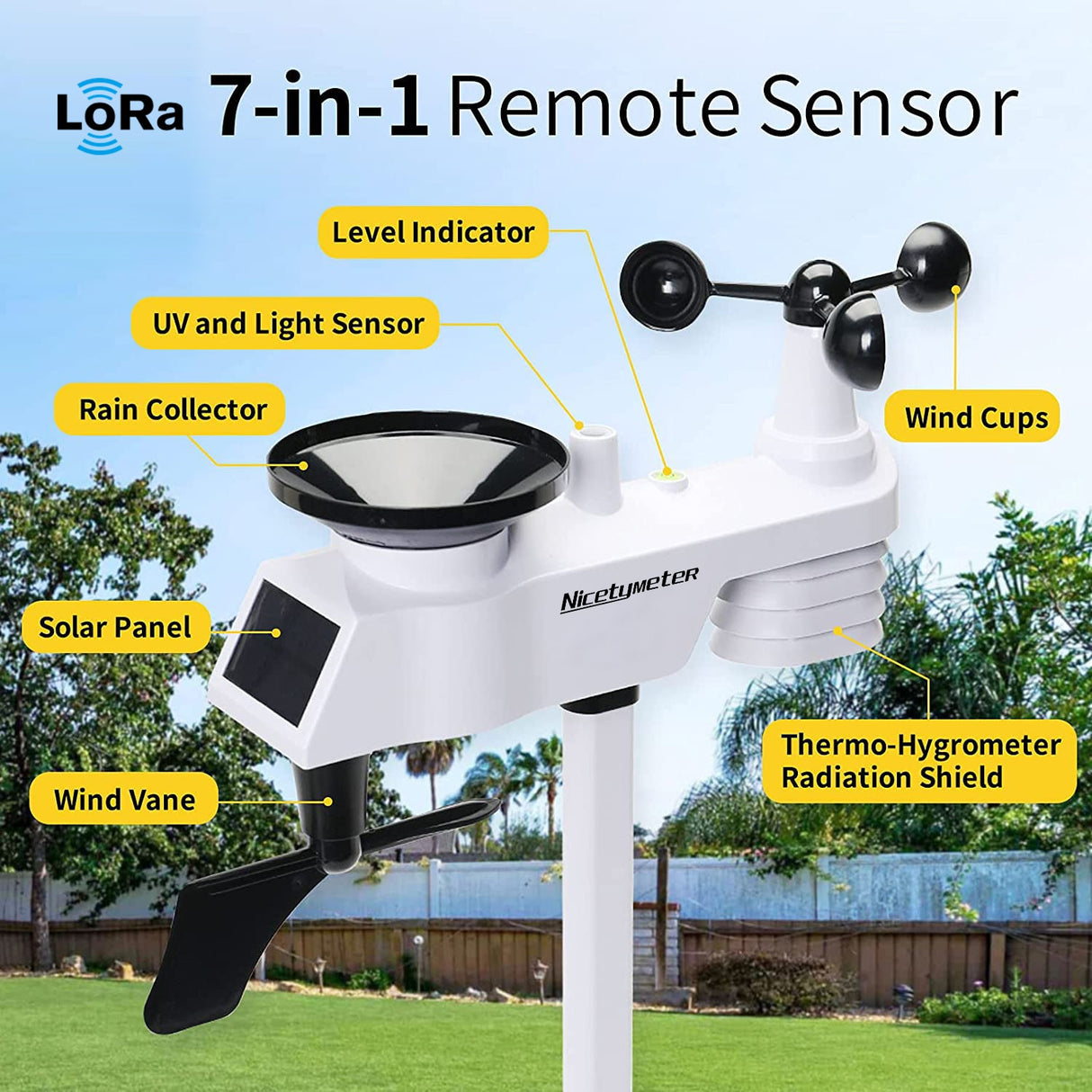 7-in-1 LoRa Weather Monitoring Station For Humidity, Wind Speed with Solar Indoor Outdoor Remote.