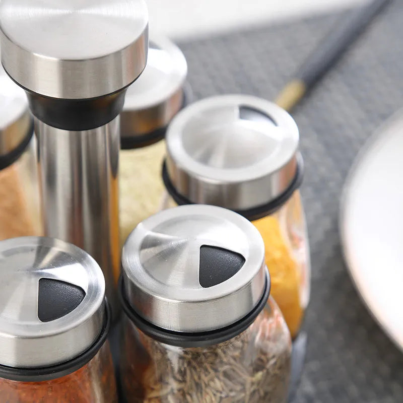 1 OR 7pcs Glass Spice Jars On Rotating Storage Holder.