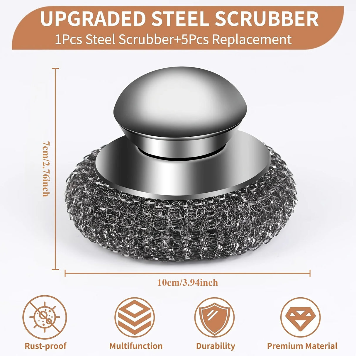 6pcs SUS Handle Steel Wool Scrubber with 5 Replacement Balls Stain Remover for Grills