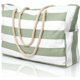 Striped Waterproof Canvas Summer Beach Tote Bag With Zipper