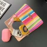 Women's Straw Rainbow Stripe Shoulder Crossbody Handbag With Chain Strap