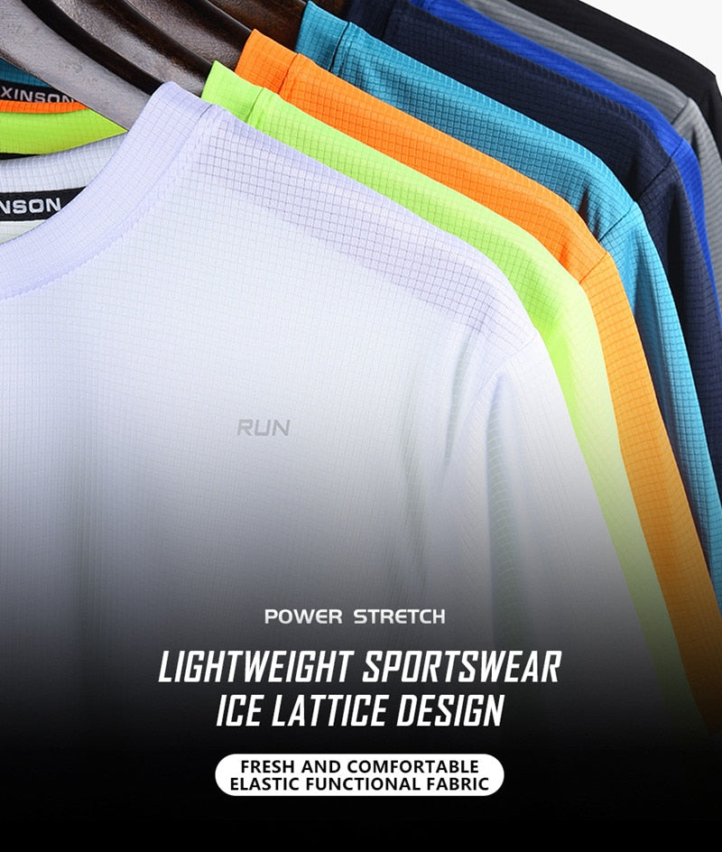Men's multicolor short sleeve gym shirts. Quick drying, breathable sportswear