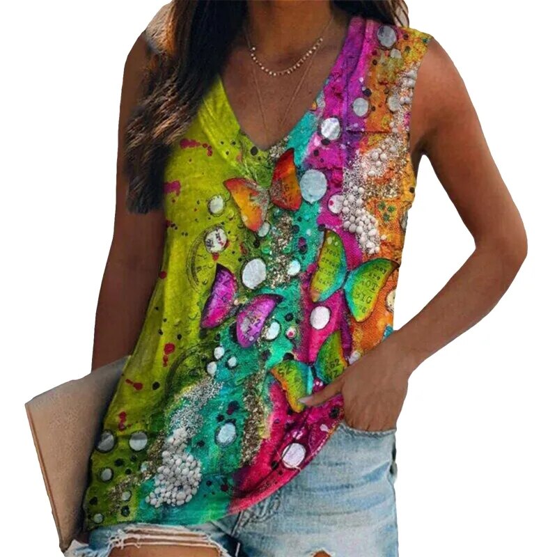 Women's Sleeveless Multi-pattern T-shirt.