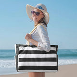 Striped Waterproof Canvas Summer Beach Tote Bag With Zipper