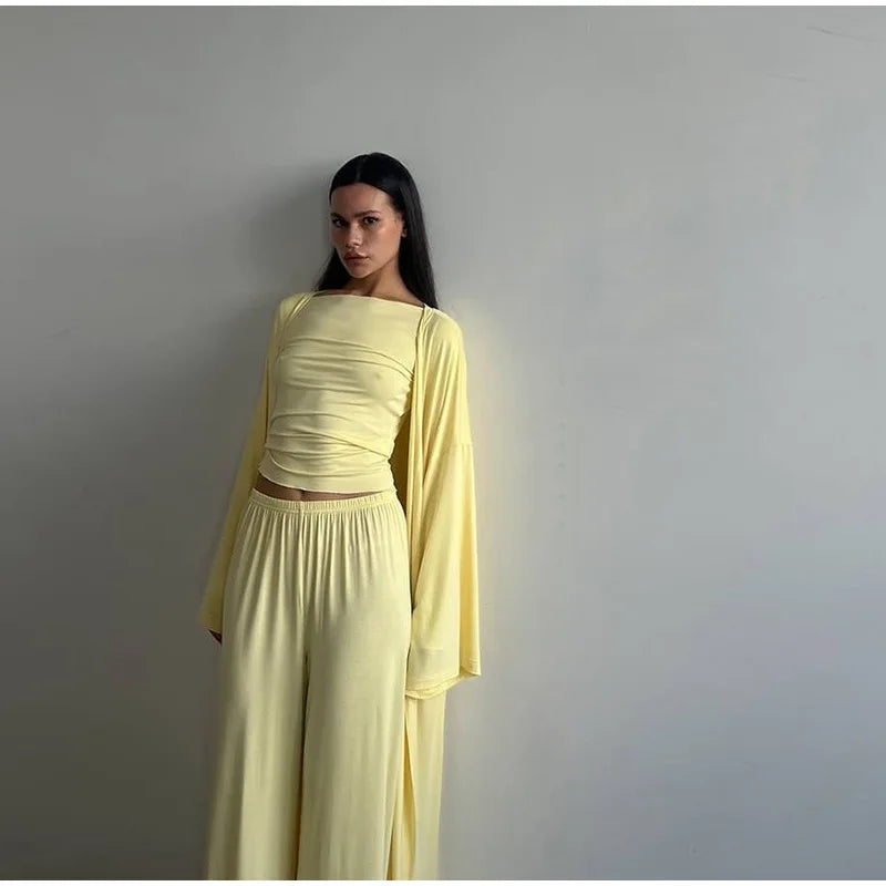 Women's 3 Piece Off Shoulder Sleeveless Cropped Tank Top With Elastic Wide Leg Pant And Long Cardigan
