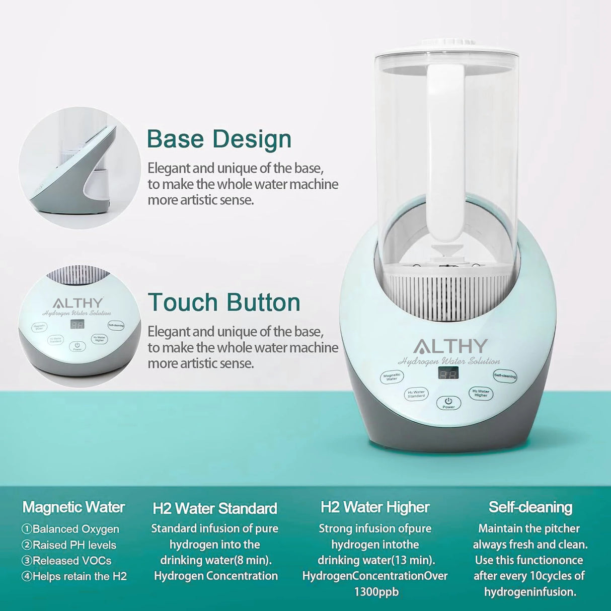 ALTHY SPE PEM  Hydrogen Generator Water Pitcher with PH Calcium Sulfite filter