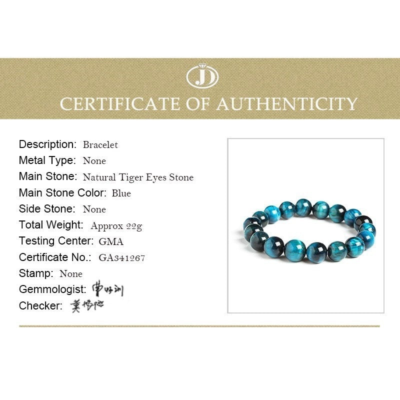 JD High Quality Blue, Tiger Eye, Natural Stone Bead Bracelet.
