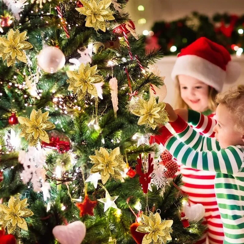 Christmas Artificial Silk Flowers with Clips for Xmas Tree Hanging Ornaments.