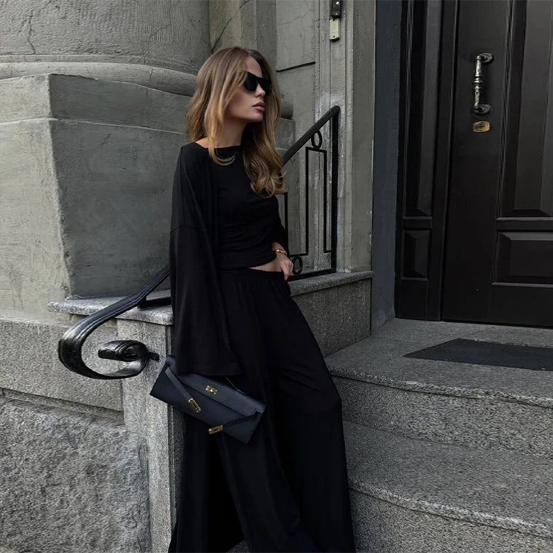 Women's 3 Piece Off Shoulder Sleeveless Cropped Tank Top With Elastic Wide Leg Pant And Long Cardigan