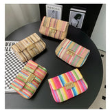 Women's Straw Rainbow Stripe Shoulder Crossbody Handbag With Chain Strap