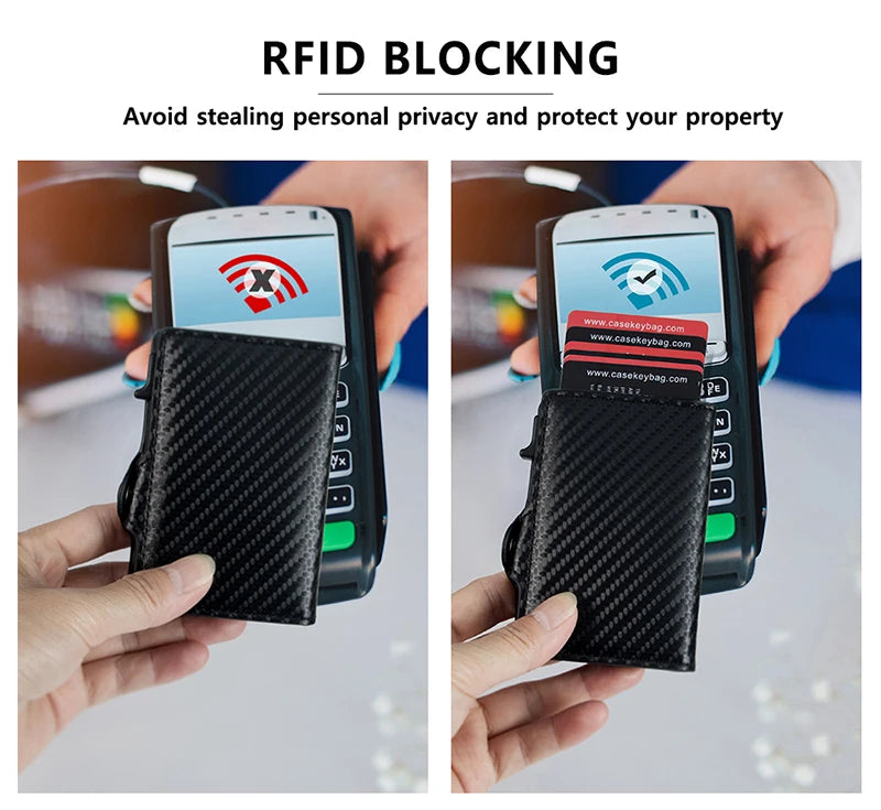 CASEKEY RFIF Leather Carbon Fiber Pop Up Credit Card Holder