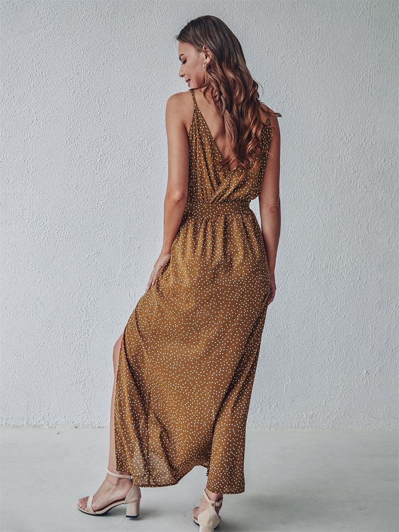 Elegant Sleeveless V Neck Maxi Dress With Slit on the Side.