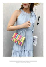 Women's Straw Rainbow Stripe Shoulder Crossbody Handbag With Chain Strap