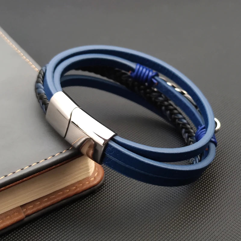 Blue Braided Leather Hexagram Bracelet With Stainless Steel Magnetic Clasp