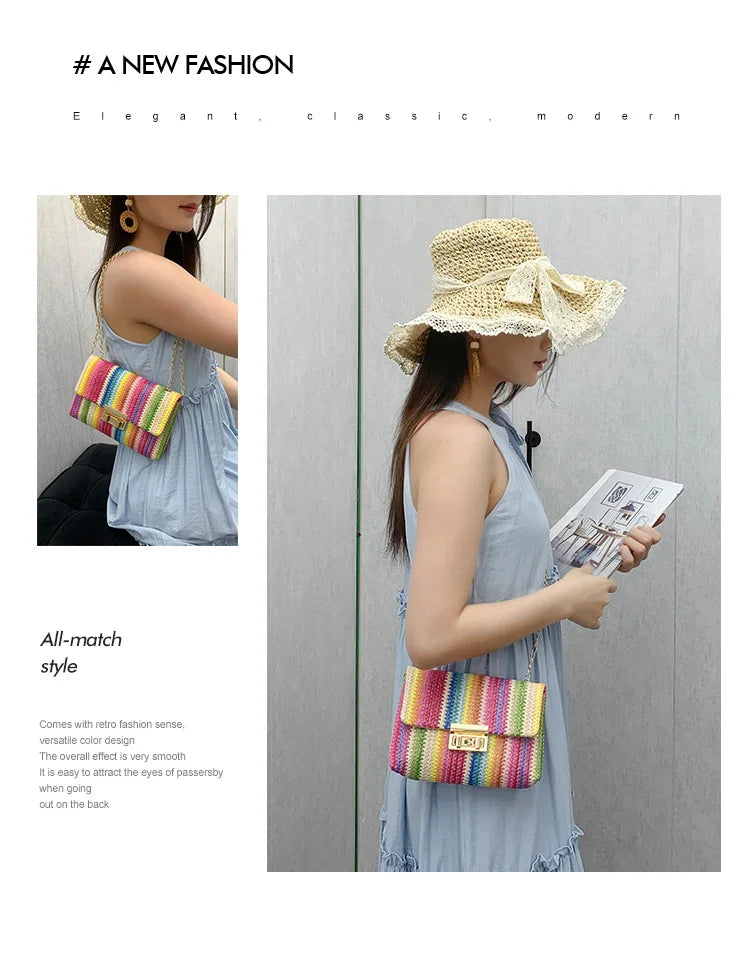 Women's Straw Rainbow Stripe Shoulder Crossbody Handbag With Chain Strap