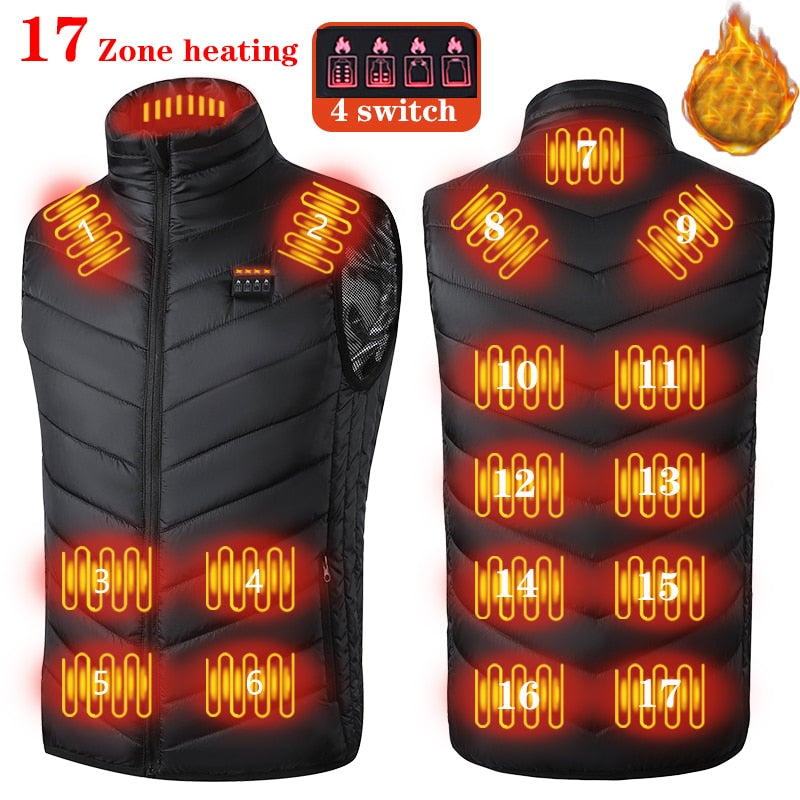 Men's and Women's USB Heated Thermal Vest. Sizes S to 6XL and Up to 17 Heating Zones.