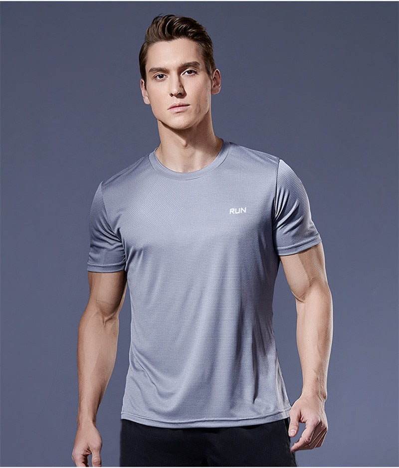Men's multicolor short sleeve gym shirts. Quick drying, breathable sportswear