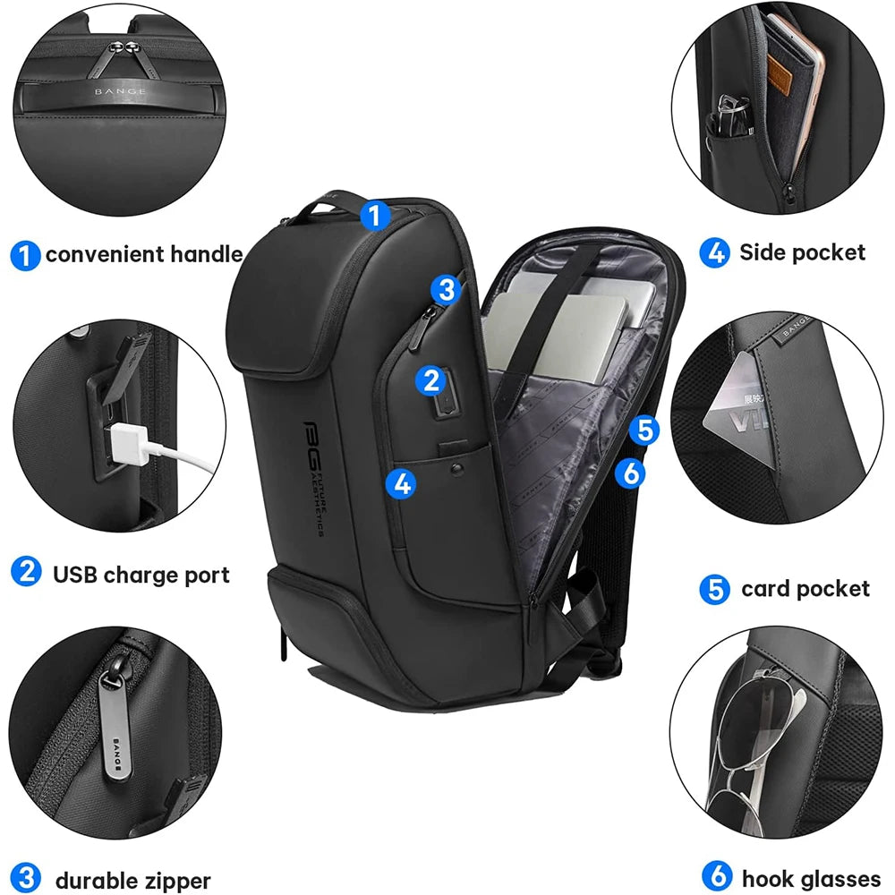 BANGE Waterproof USB Charging Backpack Fits 15.6 Inch Laptop