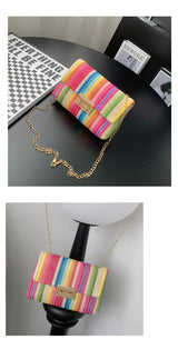 Women's Straw Rainbow Stripe Shoulder Crossbody Handbag With Chain Strap