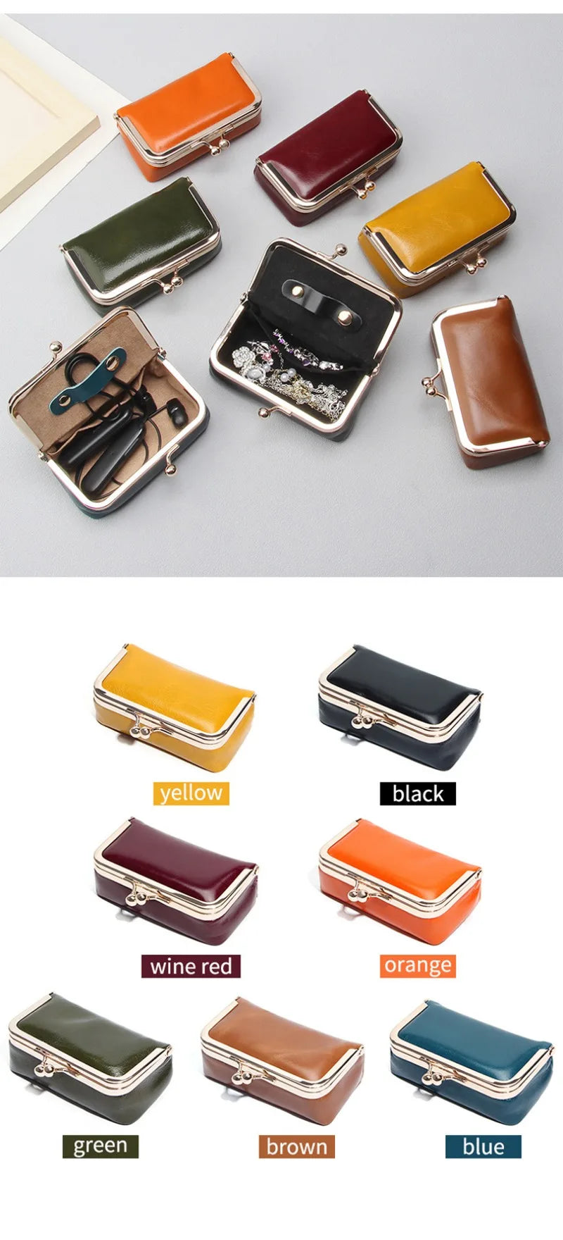 Compact Genuine Leather Kiss-Lock Mini Accessorie Pouch