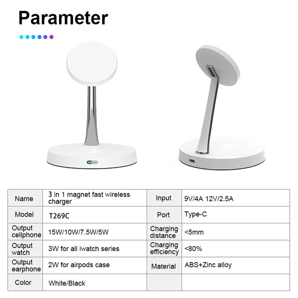 30W Magnetic Wireless Charger For iPhone 15, 14, 13, 12 Or Pro Max Charging Station For Apple Watch And Airpods.