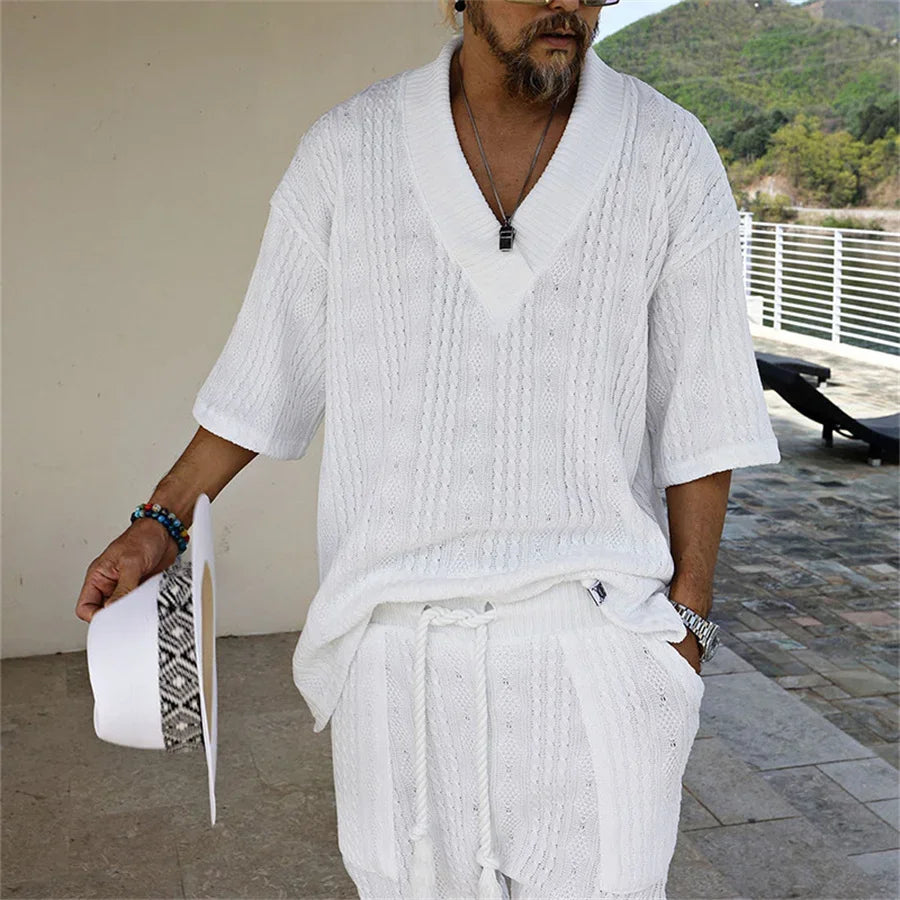 Men's Two Piece V-Neck Knitted Casual Shorts Set