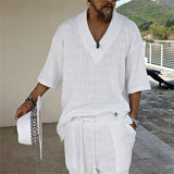 Men's Two Piece V-Neck Knitted Casual Shorts Set