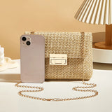 Women's Woven Straw Shoulder Bag With Chain Strap and Buckle Clutch Closure