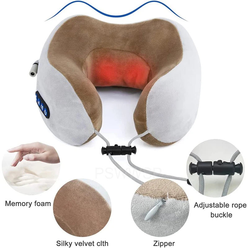 Electric U Shaped Soft Memory Foam, Heated Neck Massage Pillow.