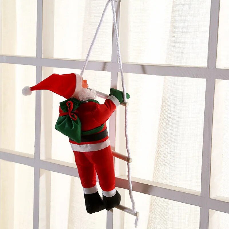 Christmas Decoration Of Santa Claus Climbing on A Rope Ladder.